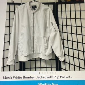 Minimalist Men's White Bomber Jacket with Sleeve Zip Pocket